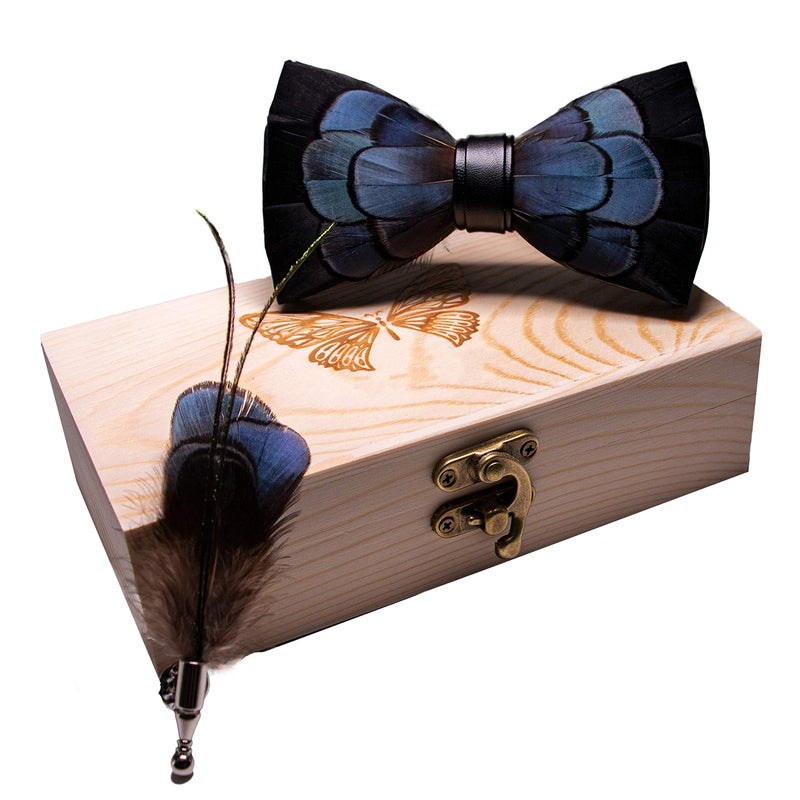 RBOCOTT Blue Feather Pre-tied Bow tie Leather Bowtie and Brooch Sets for Men(3) - Image 2